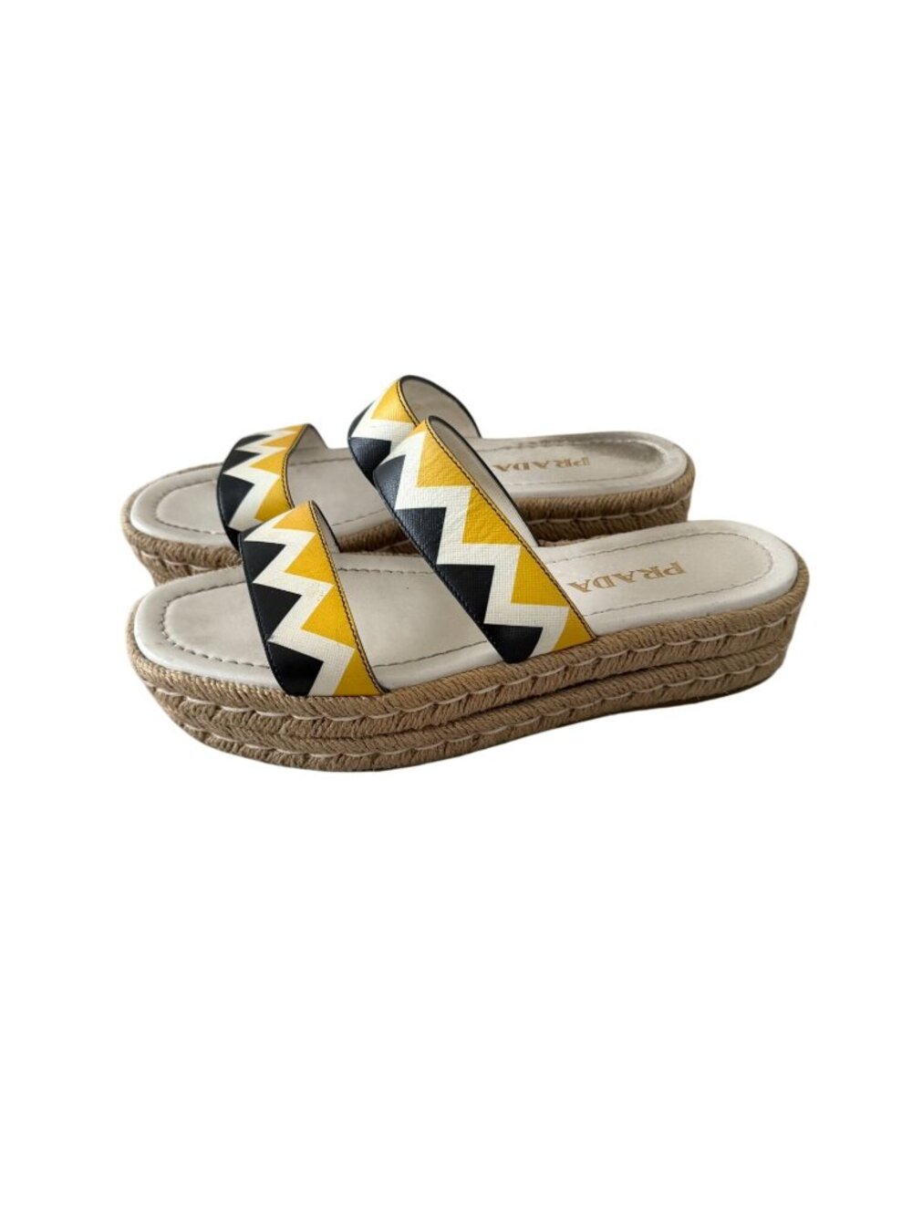 PRADA Zig Zag Beige Yellow Leather Platform Espadrilles Sandals Sz 37.5 / US 7.5 - Picture 7 of 9